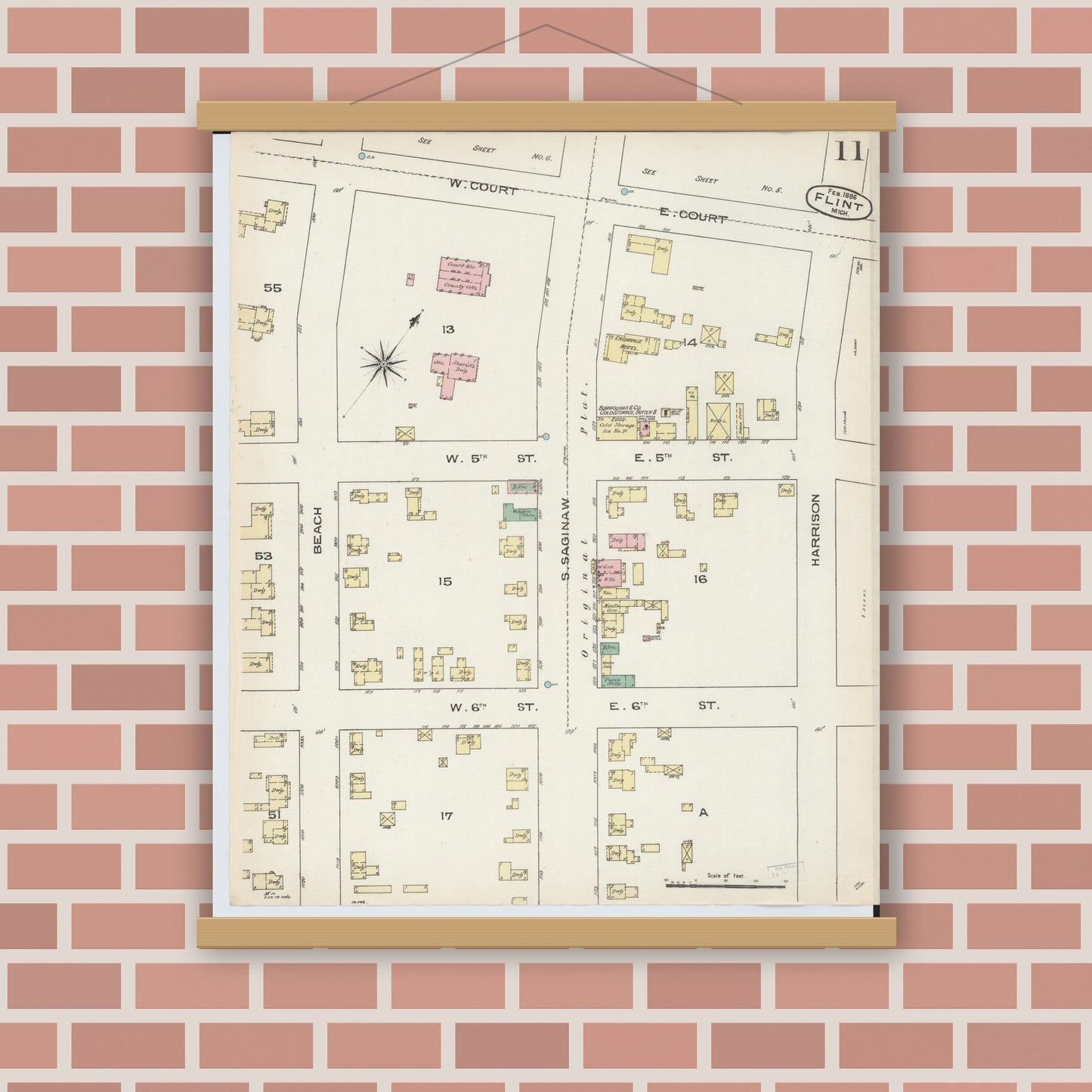 Old map wall art mockup — magnetic wood frame on brick wall — Sanborn Fire Insurance Map from Flint, Genesee County, Michigan (1886), Sheet #0011
