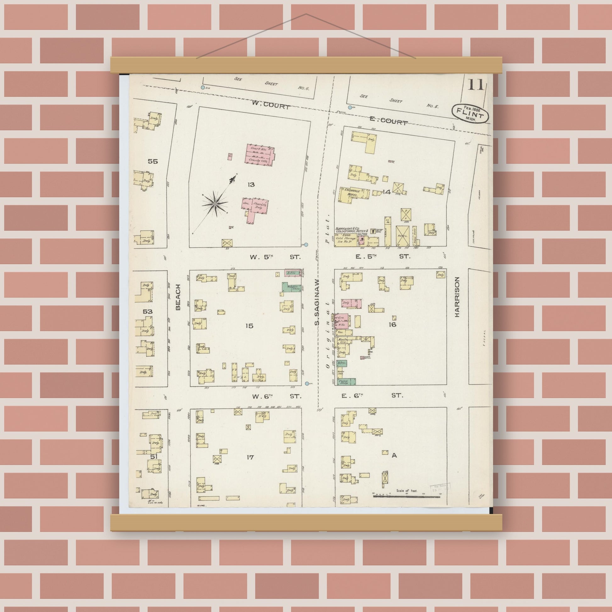 Old map wall art mockup — magnetic wood frame on brick wall — Sanborn Fire Insurance Map from Flint, Genesee County, Michigan (1886), Sheet #0011