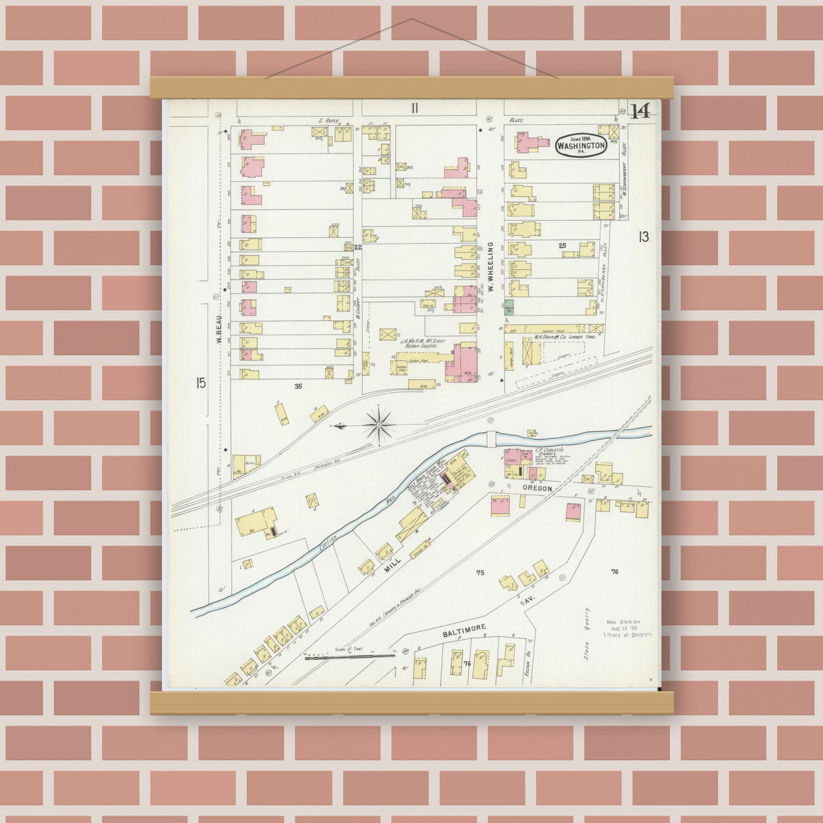 Old map wall art mockup — magnetic wood frame on brick wall — Sanborn Fire Insurance Map from Washington, Washington County, Pennsylvania (1896), Sheet #0014