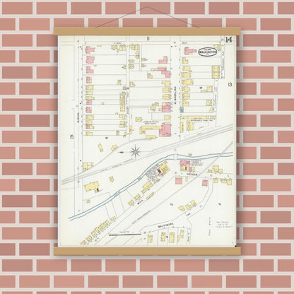 Old map wall art mockup — magnetic wood frame on brick wall — Sanborn Fire Insurance Map from Washington, Washington County, Pennsylvania (1896), Sheet #0014
