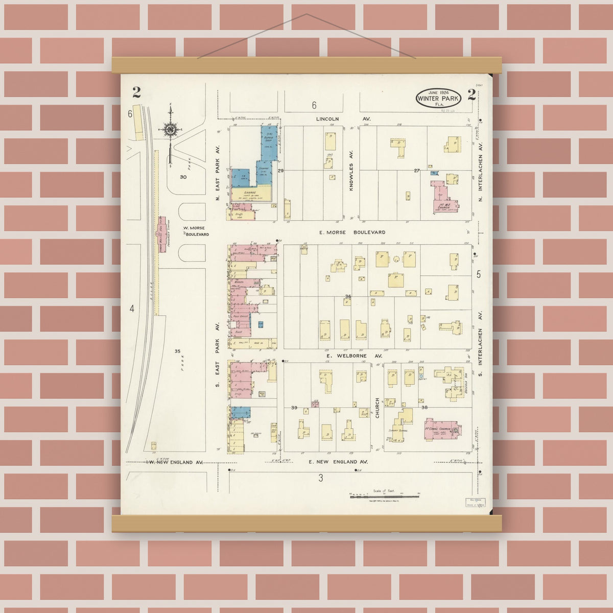 Old map wall art mockup — magnetic wood frame on brick wall — Sanborn Fire Insurance Map from Winter Park, Orange County, Florida (1924), Sheet #0002