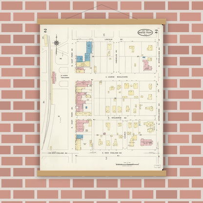 Old map wall art mockup — magnetic wood frame on brick wall — Sanborn Fire Insurance Map from Winter Park, Orange County, Florida (1924), Sheet #0002