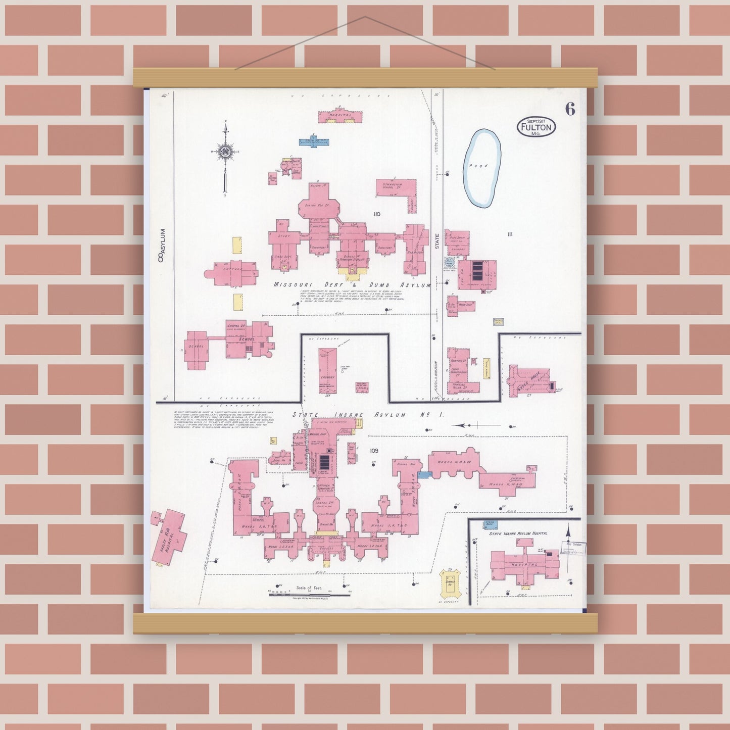 Old map wall art mockup — magnetic wood frame on brick wall — Sanborn Fire Insurance Map from Fulton, Callaway County, Missouri (1917), Sheet #0006