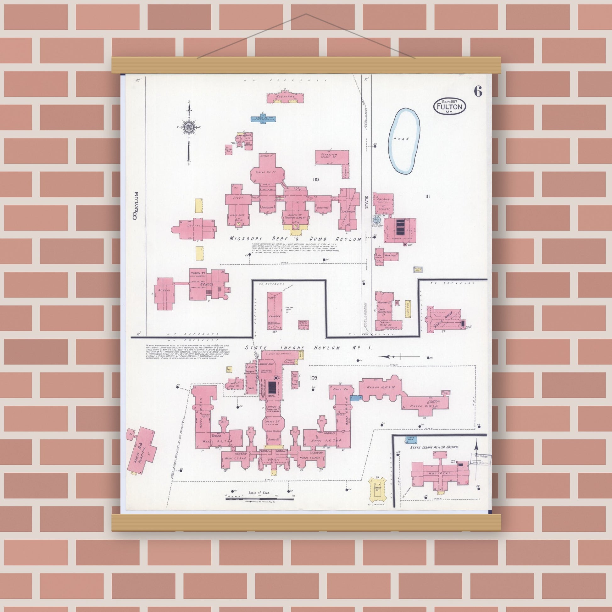 Old map wall art mockup — magnetic wood frame on brick wall — Sanborn Fire Insurance Map from Fulton, Callaway County, Missouri (1917), Sheet #0006