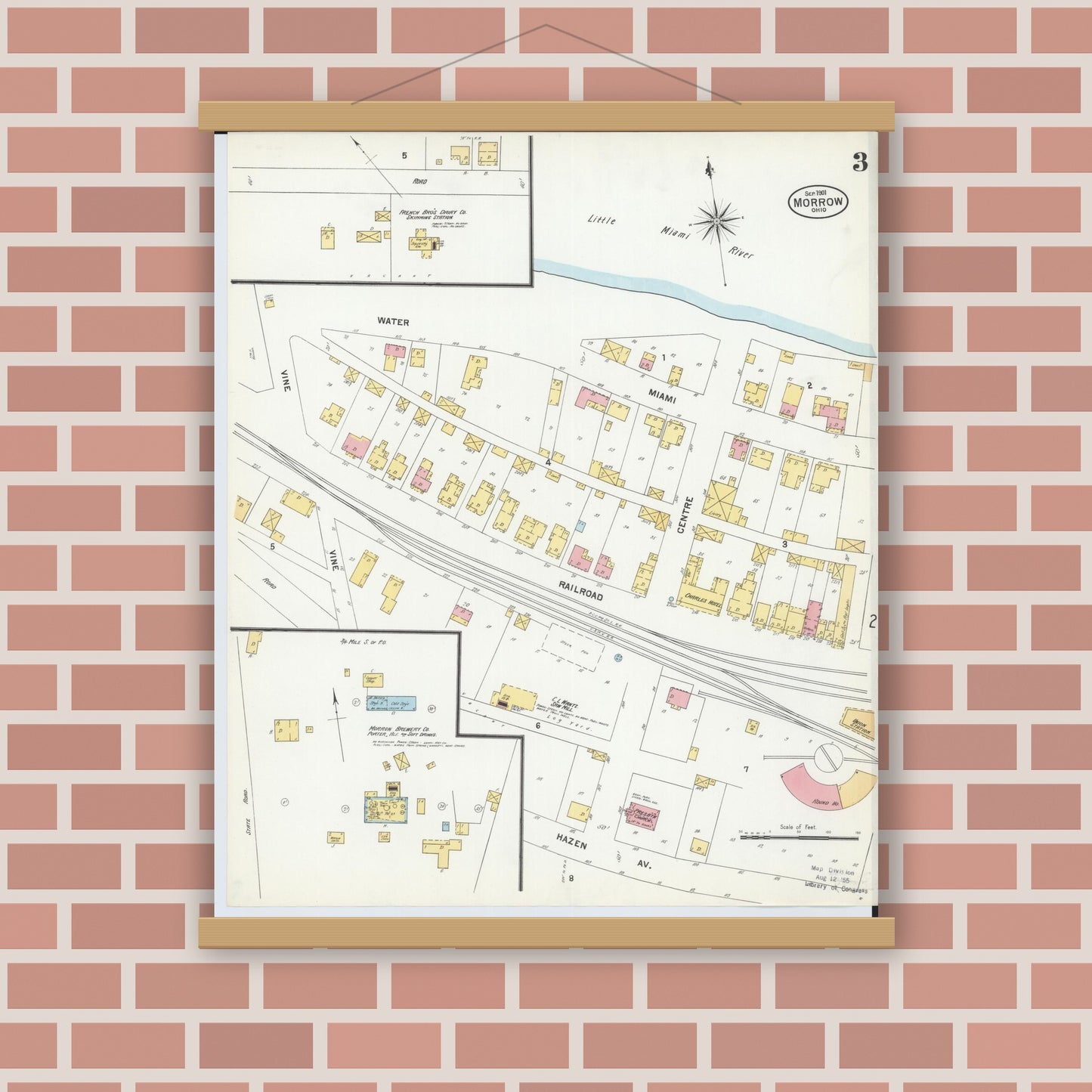 Old map wall art mockup — magnetic wood frame on brick wall — Sanborn Fire Insurance Map from Morrow, Warren County, Ohio (1901), Sheet #0003