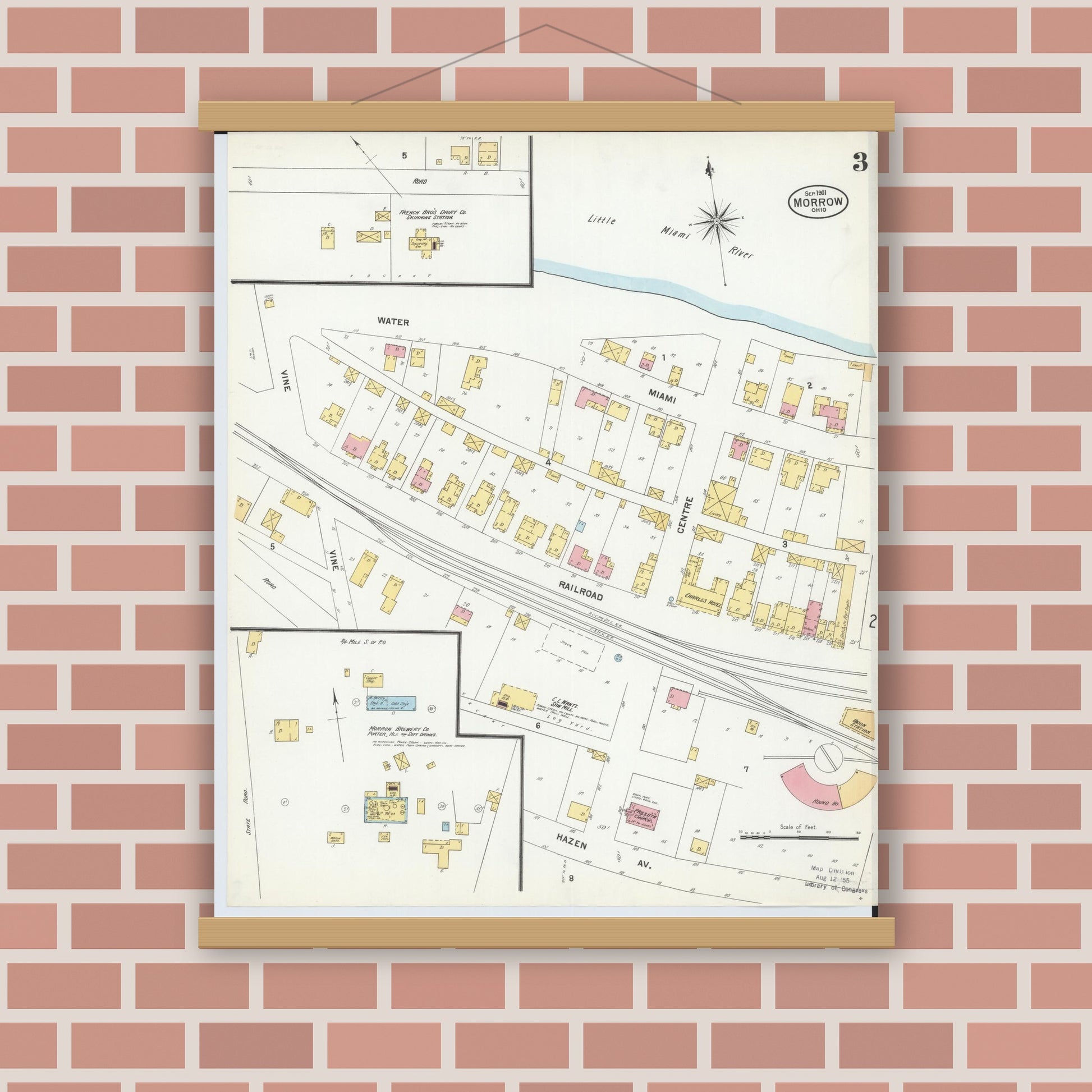 Old map wall art mockup — magnetic wood frame on brick wall — Sanborn Fire Insurance Map from Morrow, Warren County, Ohio (1901), Sheet #0003