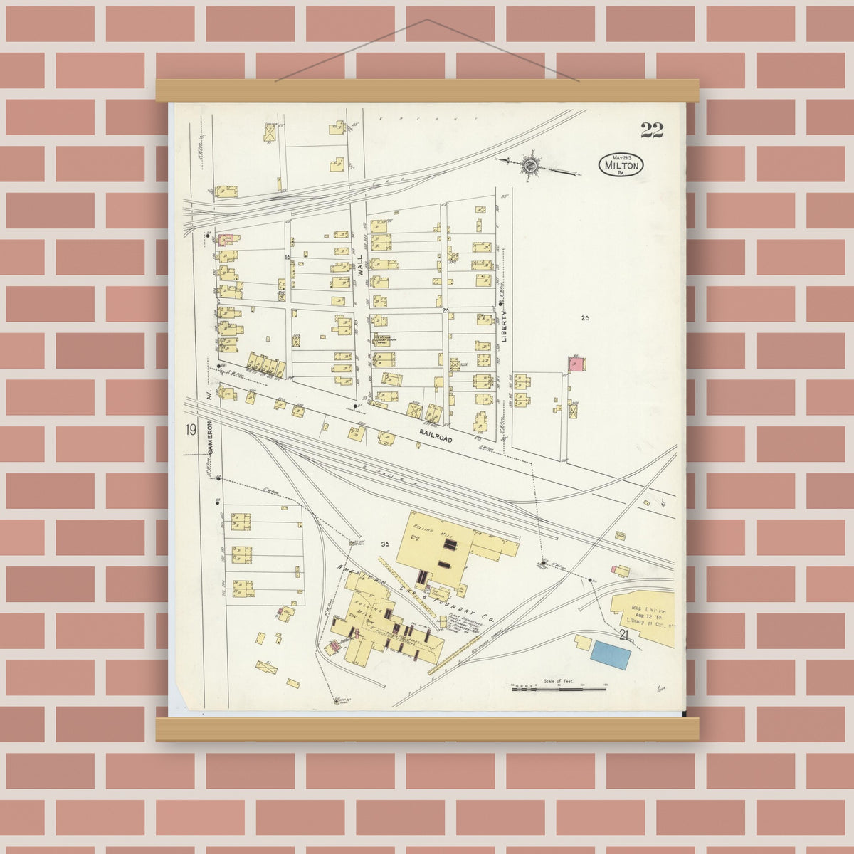 Old map wall art mockup — magnetic wood frame on brick wall — Sanborn Fire Insurance Map from Milton, Northumberland County, Pennsylvania (1913), Sheet #0022