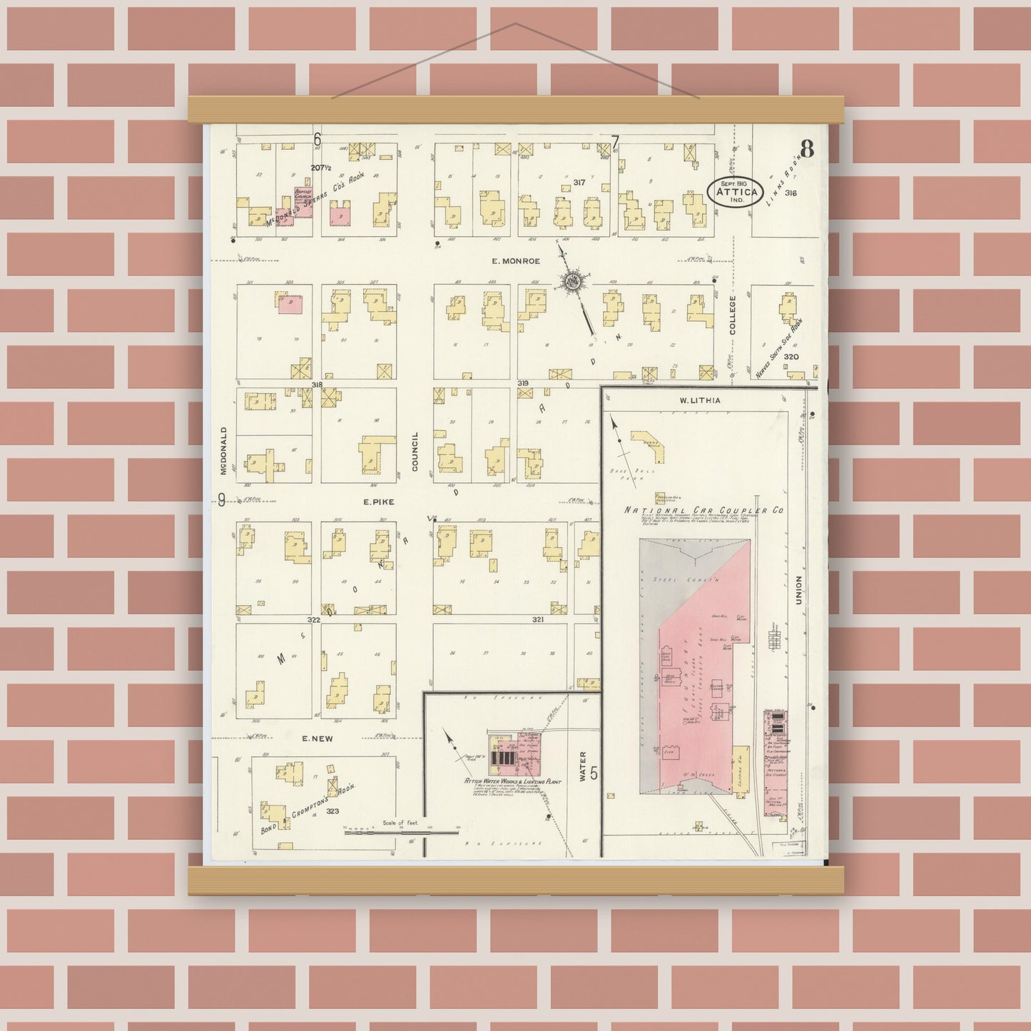 Old map wall art mockup — magnetic wood frame on brick wall — Sanborn Fire Insurance Map from Attica, Fountain County, Indiana (1910), Sheet #0008