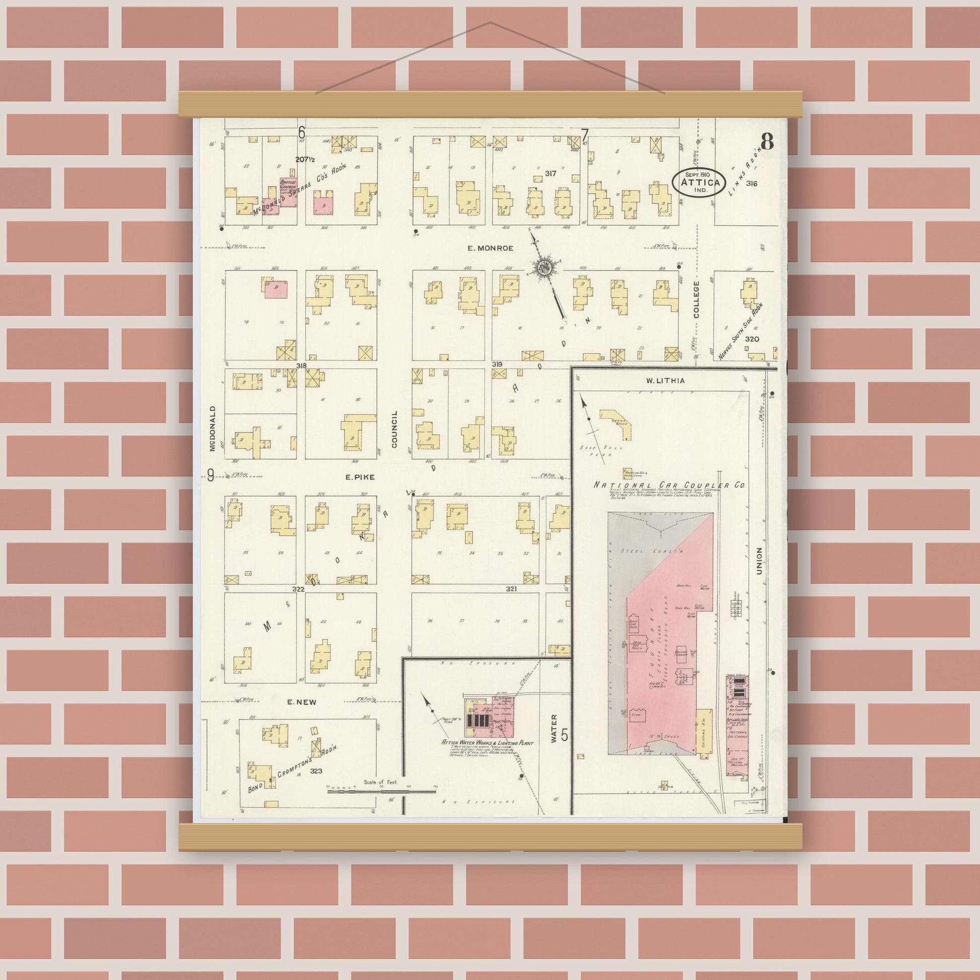 Old map wall art mockup — magnetic wood frame on brick wall — Sanborn Fire Insurance Map from Attica, Fountain County, Indiana (1910), Sheet #0008
