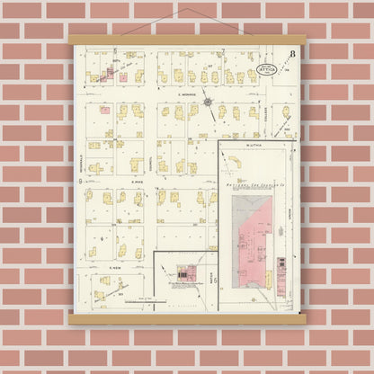 Old map wall art mockup — magnetic wood frame on brick wall — Sanborn Fire Insurance Map from Attica, Fountain County, Indiana (1910), Sheet #0008