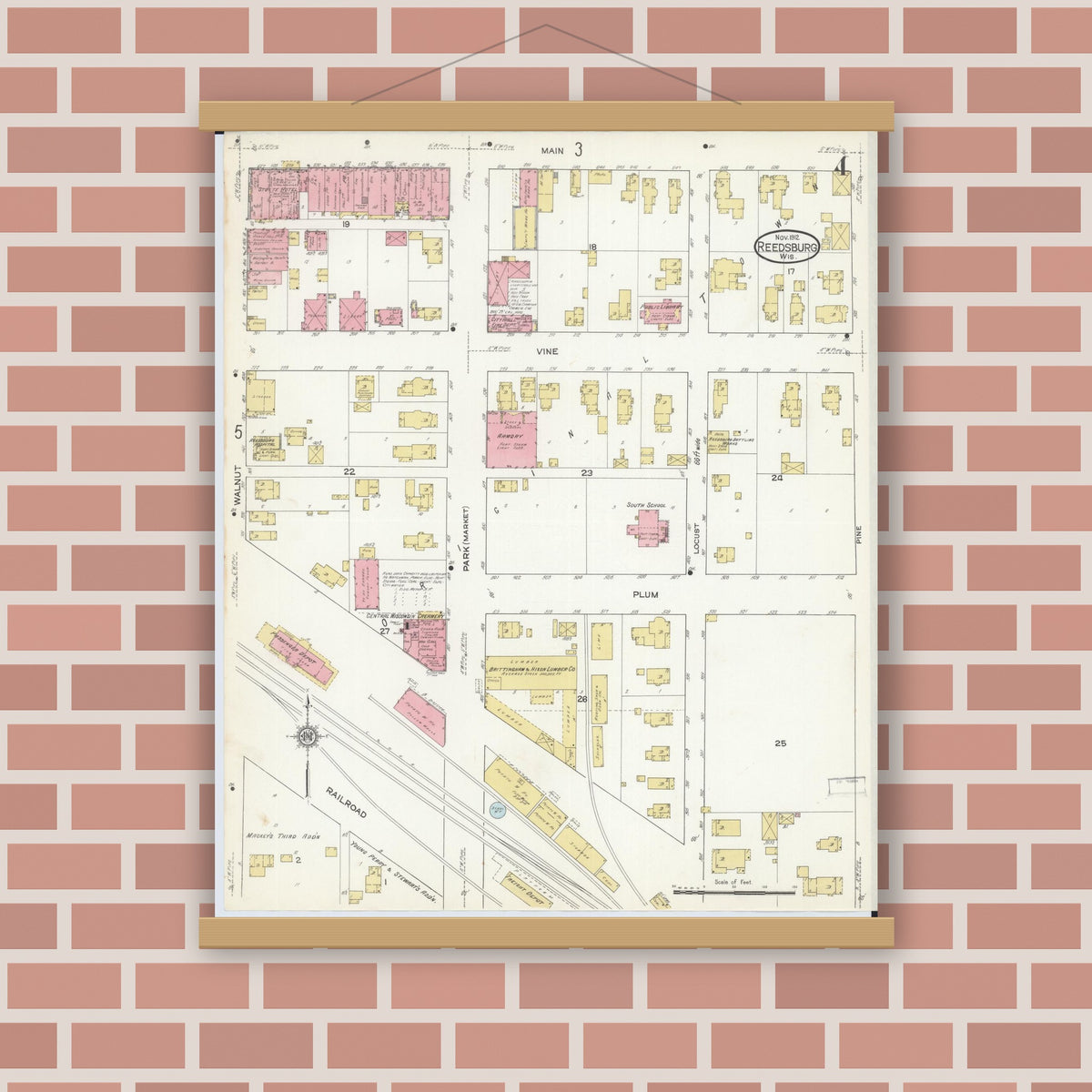 Old map wall art mockup — magnetic wood frame on brick wall — Sanborn Fire Insurance Map from Reedsburg, Sauk County, Wisconsin (1912), Sheet #0004