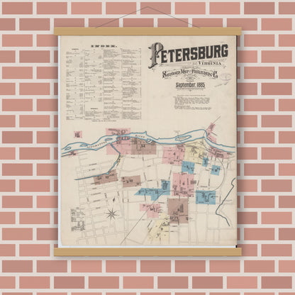 Old map wall art mockup — magnetic wood frame on brick wall — Sanborn Fire Insurance Map from Petersburg, Independent Cities, Virginia (1885) - Complete Map Set