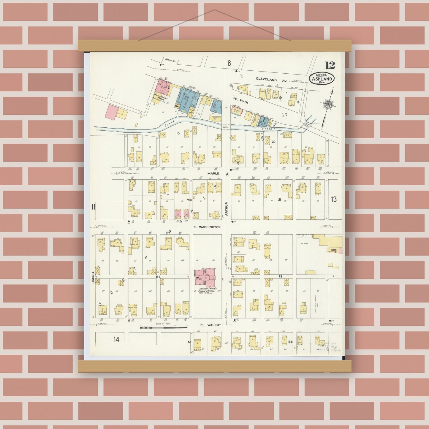 Old map wall art mockup — magnetic wood frame on brick wall — Sanborn Fire Insurance Map from Ashland, Ashland County, Ohio (1911), Sheet #0012