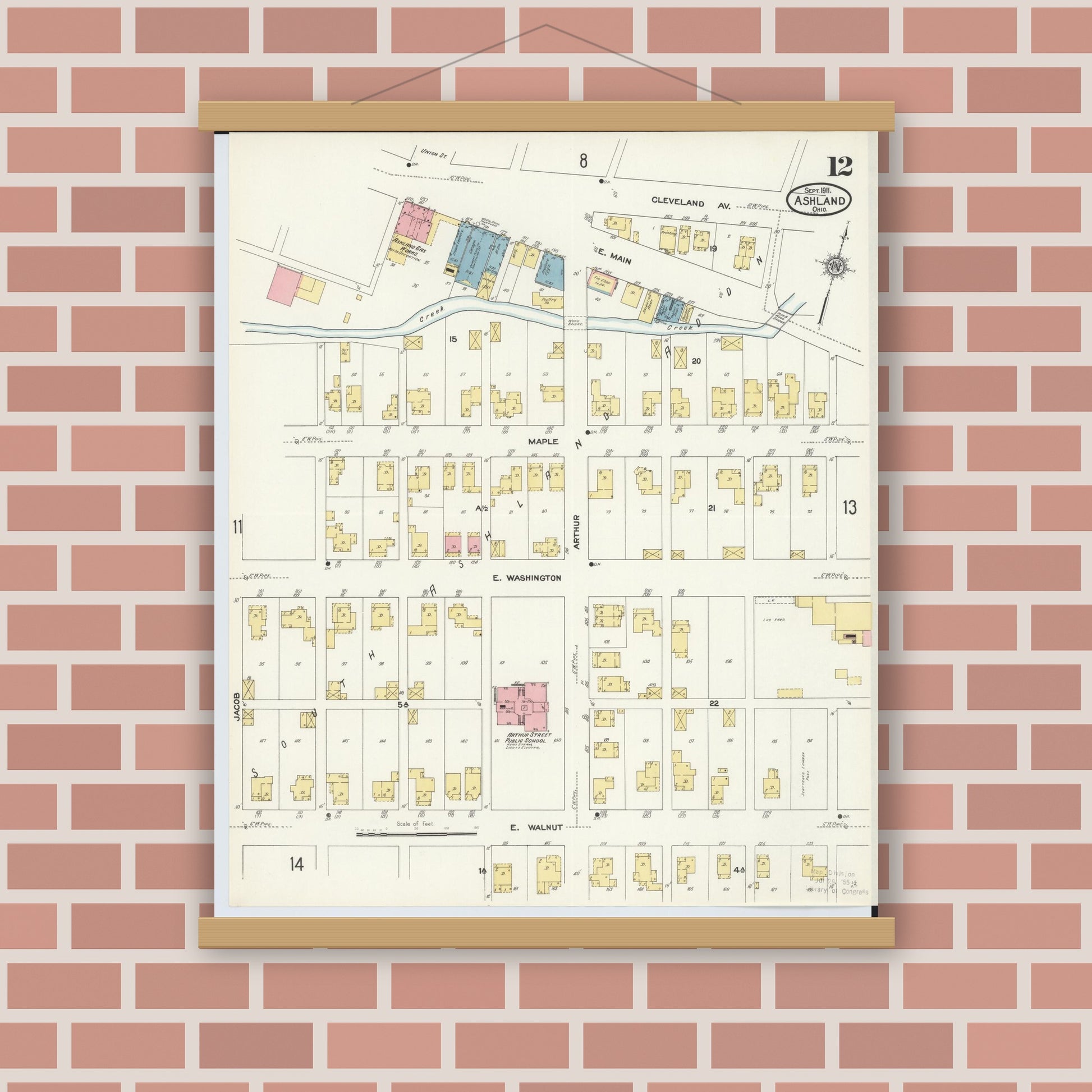 Old map wall art mockup — magnetic wood frame on brick wall — Sanborn Fire Insurance Map from Ashland, Ashland County, Ohio (1911), Sheet #0012