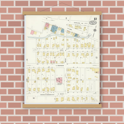 Old map wall art mockup — magnetic wood frame on brick wall — Sanborn Fire Insurance Map from Ashland, Ashland County, Ohio (1911), Sheet #0012
