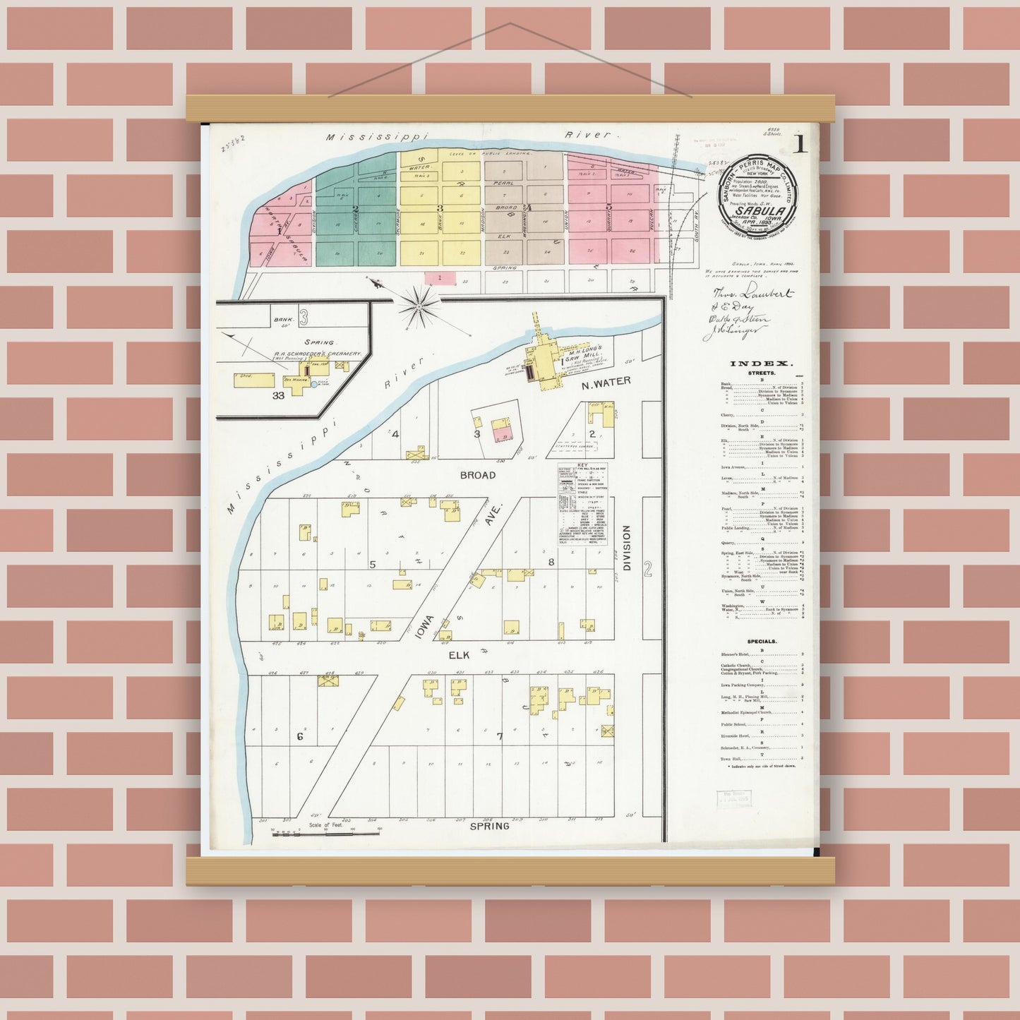Old map wall art mockup — magnetic wood frame on brick wall — Sanborn Fire Insurance Map from Sabula, Jackson County, Iowa (1893), Sheet #0001