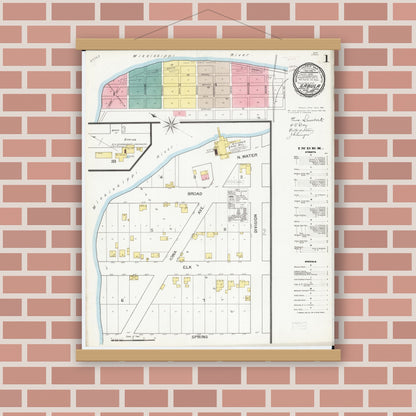 Old map wall art mockup — magnetic wood frame on brick wall — Sanborn Fire Insurance Map from Sabula, Jackson County, Iowa (1893), Sheet #0001