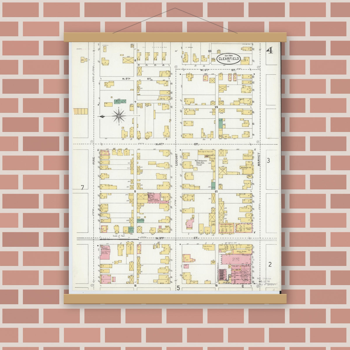 Old map wall art mockup — magnetic wood frame on brick wall — Sanborn Fire Insurance Map from Clearfield, Clearfield County, Pennsylvania (1904), Sheet #0004