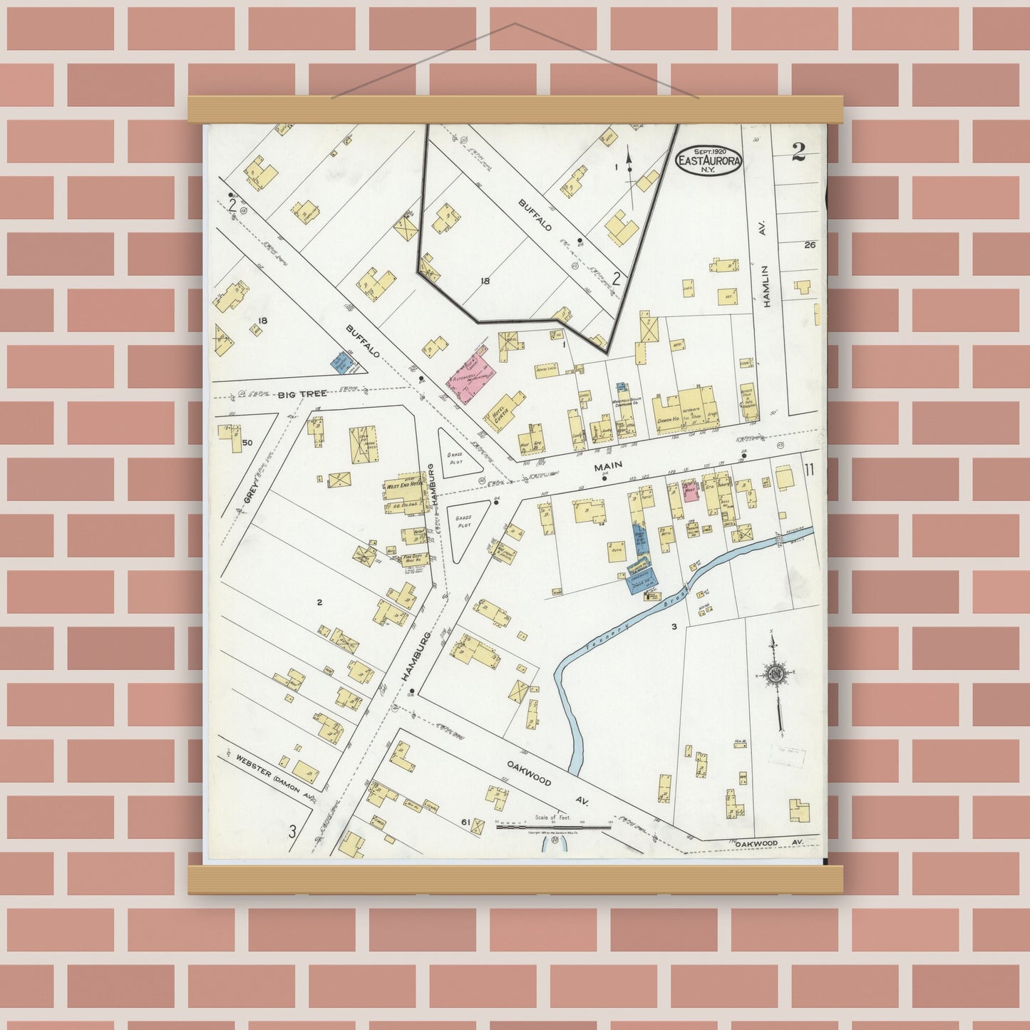 Old map wall art mockup — magnetic wood frame on brick wall — Sanborn Fire Insurance Map from East Aurora, Erie County, New York (1920) - Complete Map Set