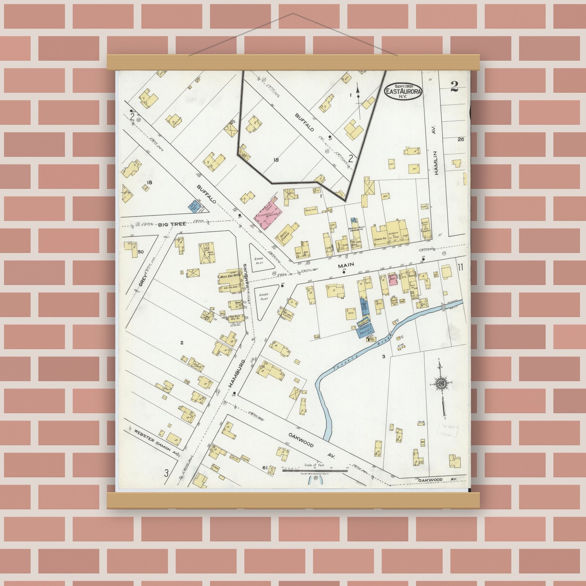 Old map wall art mockup — magnetic wood frame on brick wall — Sanborn Fire Insurance Map from East Aurora, Erie County, New York (1920) - Complete Map Set