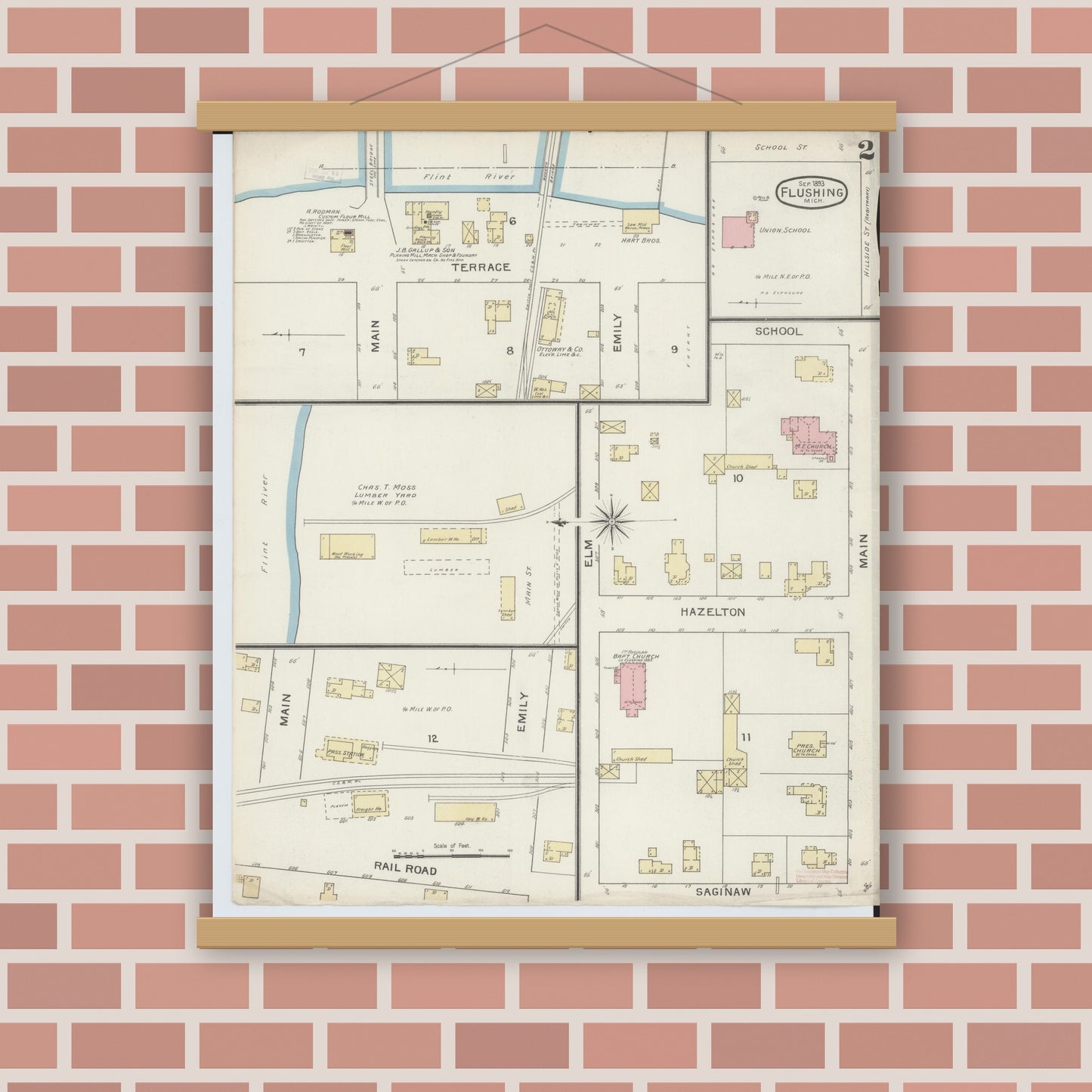 Old map wall art mockup — magnetic wood frame on brick wall — Sanborn Fire Insurance Map from Flushing, Genesee County, Michigan (1893), Sheet #0002