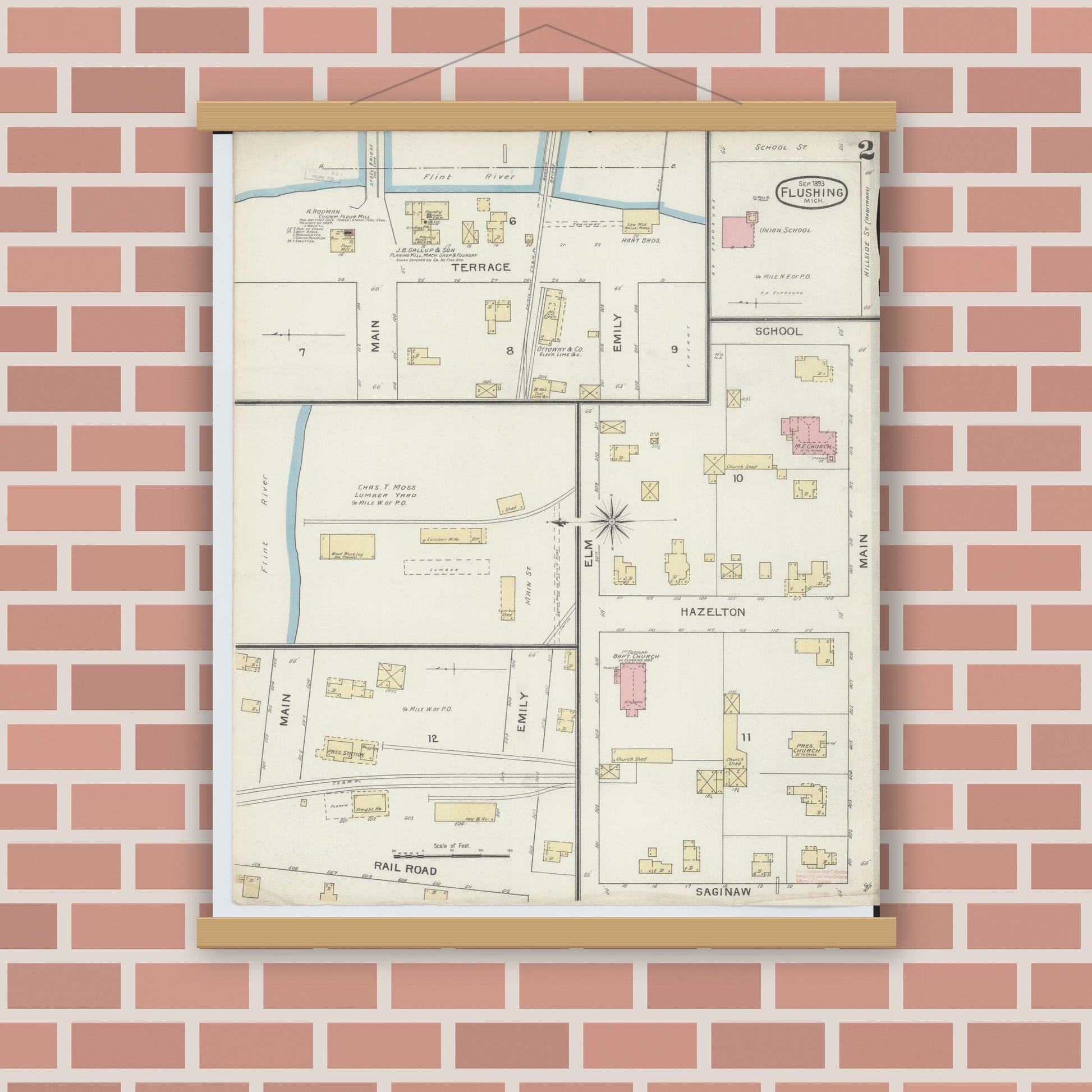 Old map wall art mockup — magnetic wood frame on brick wall — Sanborn Fire Insurance Map from Flushing, Genesee County, Michigan (1893), Sheet #0002