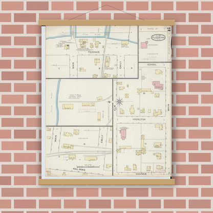Old map wall art mockup — magnetic wood frame on brick wall — Sanborn Fire Insurance Map from Flushing, Genesee County, Michigan (1893), Sheet #0002
