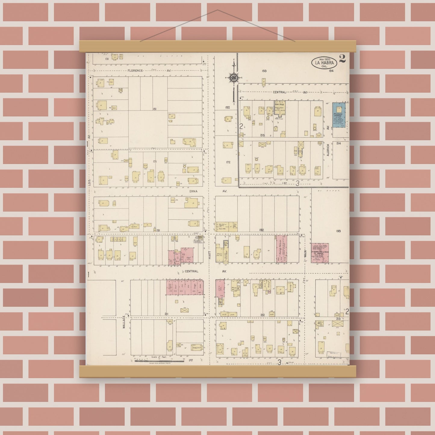 Old map wall art mockup — magnetic wood frame on brick wall — Sanborn Fire Insurance Map from La Habra, Orange County, California (1920), Sheet #0002