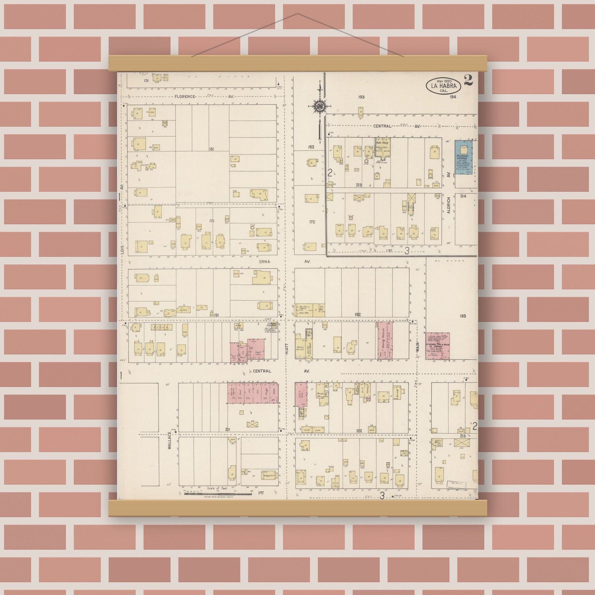 Old map wall art mockup — magnetic wood frame on brick wall — Sanborn Fire Insurance Map from La Habra, Orange County, California (1920), Sheet #0002