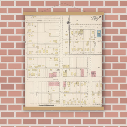 Old map wall art mockup — magnetic wood frame on brick wall — Sanborn Fire Insurance Map from La Habra, Orange County, California (1920), Sheet #0002
