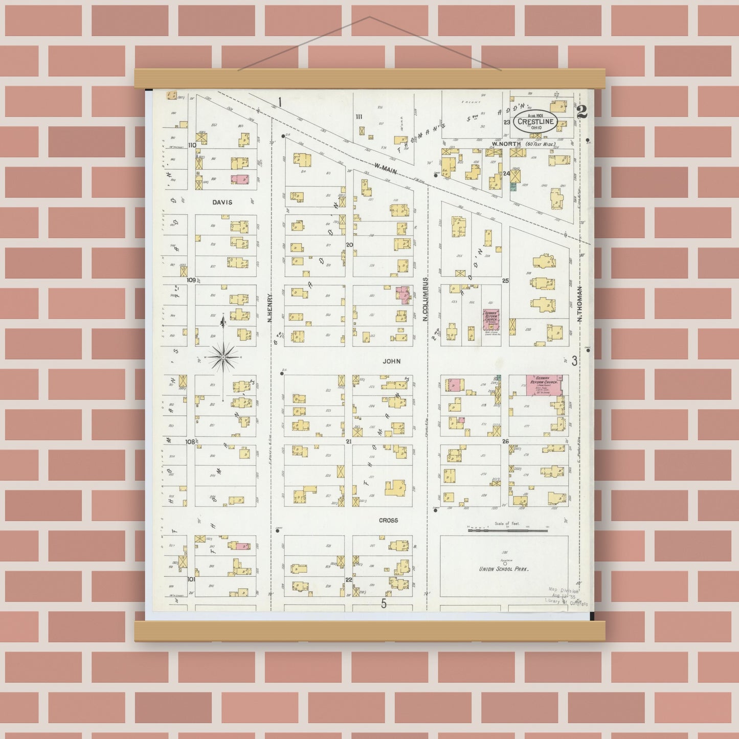 Old map wall art mockup — magnetic wood frame on brick wall — Sanborn Fire Insurance Map from Crestline, Crawford County, Ohio (1901), Sheet #0002