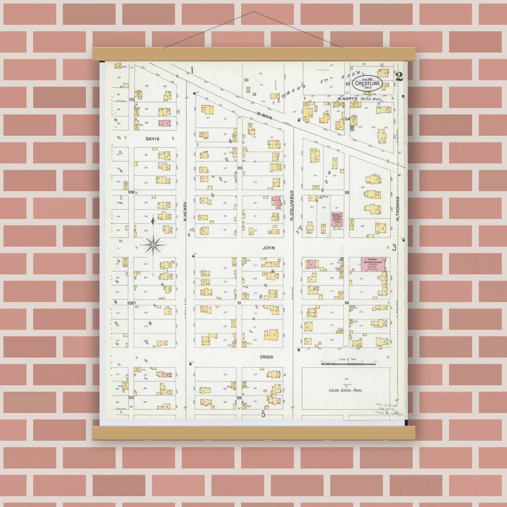 Old map wall art mockup — magnetic wood frame on brick wall — Sanborn Fire Insurance Map from Crestline, Crawford County, Ohio (1901), Sheet #0002