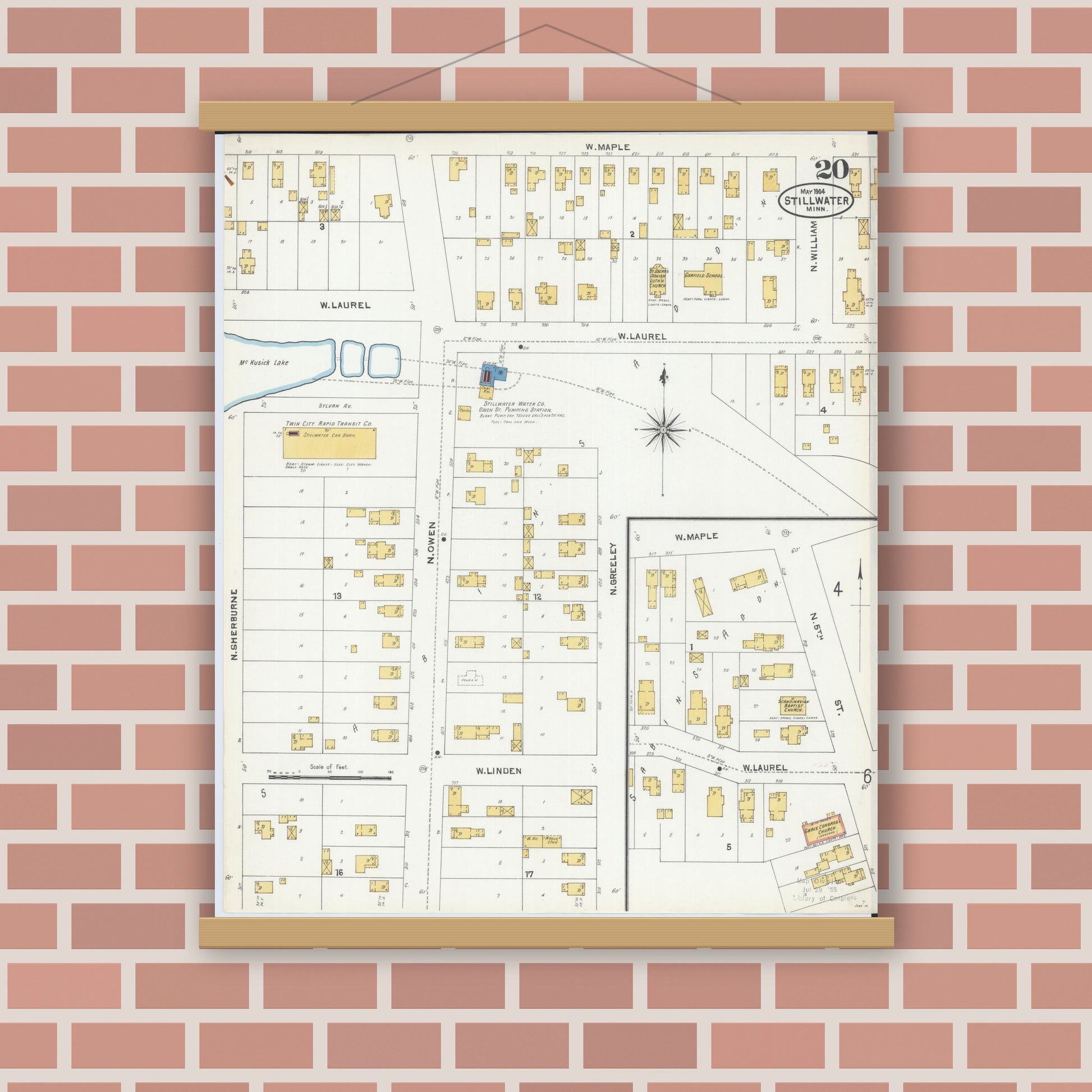Old map wall art mockup — magnetic wood frame on brick wall — Sanborn Fire Insurance Map from Stillwater, Washington County, Minnesota (1904), Sheet #0020