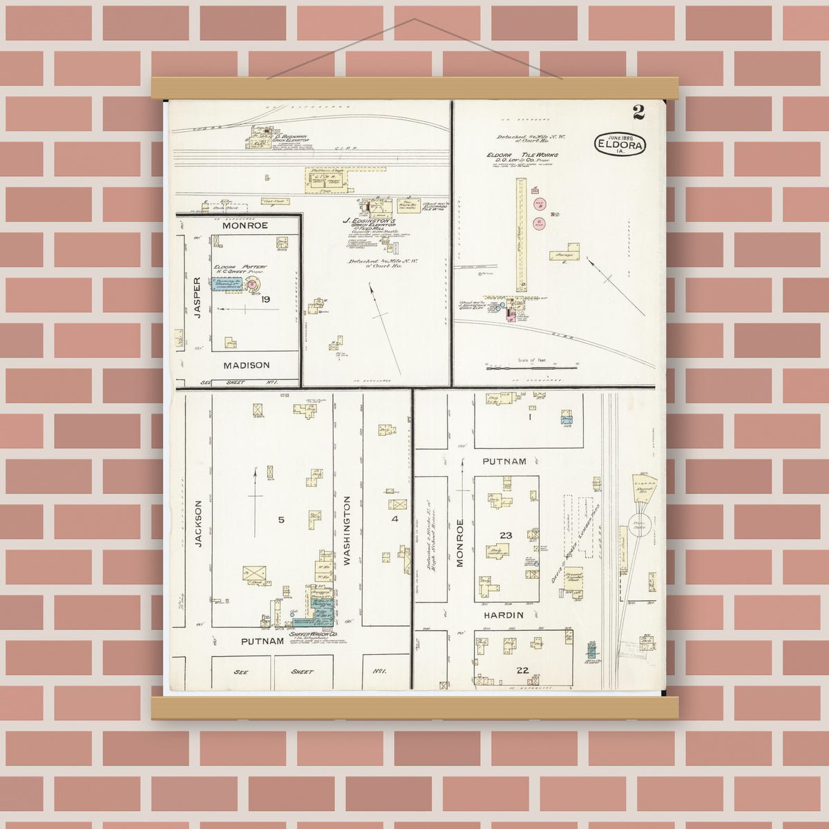 Old map wall art mockup — magnetic wood frame on brick wall — Sanborn Fire Insurance Map from Eldora, Hardin County, Iowa (1886), Sheet #0002