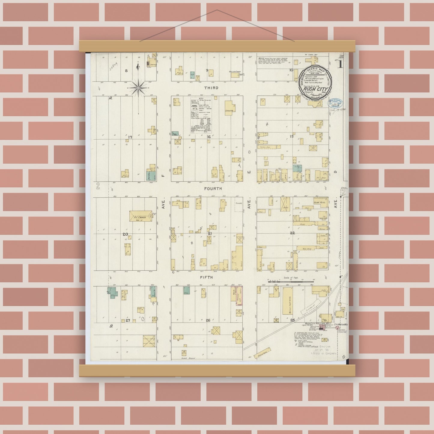 Old map wall art mockup — magnetic wood frame on brick wall — Sanborn Fire Insurance Map from Rush City, Chisago County, Minnesota (1894), Sheet #0001