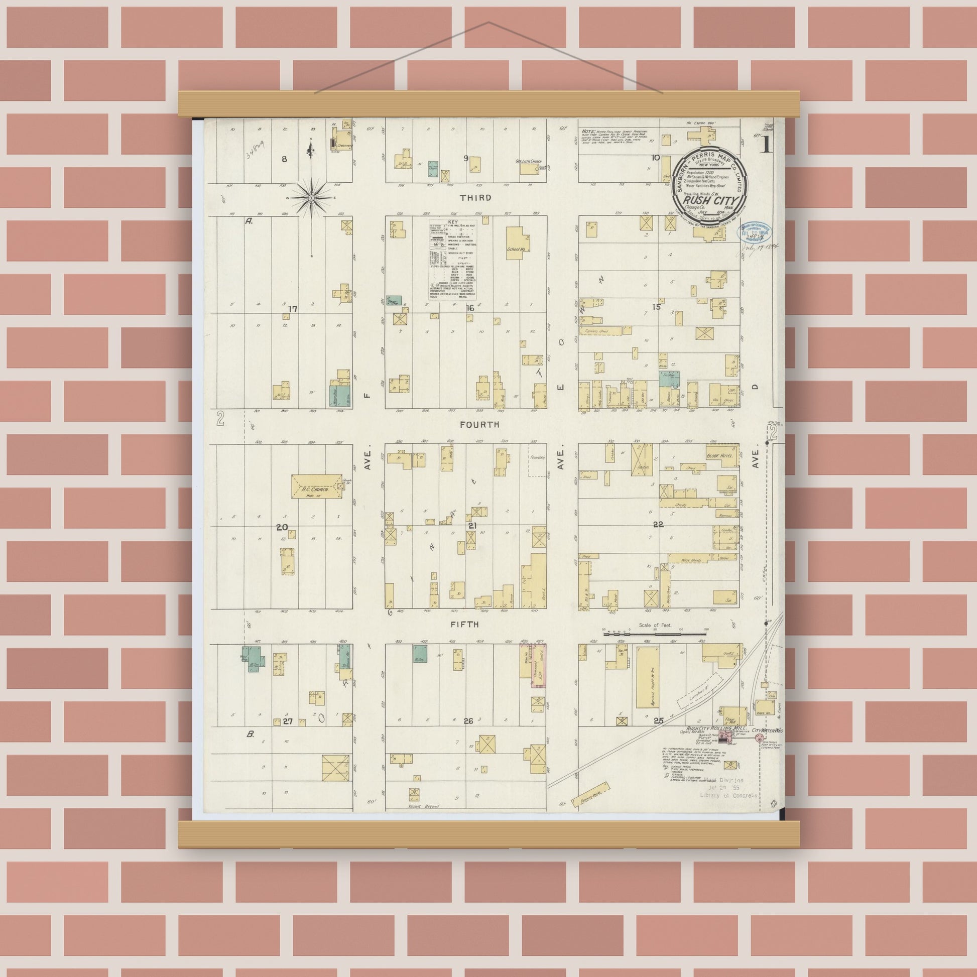Old map wall art mockup — magnetic wood frame on brick wall — Sanborn Fire Insurance Map from Rush City, Chisago County, Minnesota (1894), Sheet #0001
