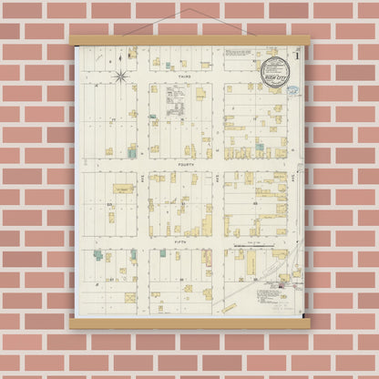 Old map wall art mockup — magnetic wood frame on brick wall — Sanborn Fire Insurance Map from Rush City, Chisago County, Minnesota (1894), Sheet #0001