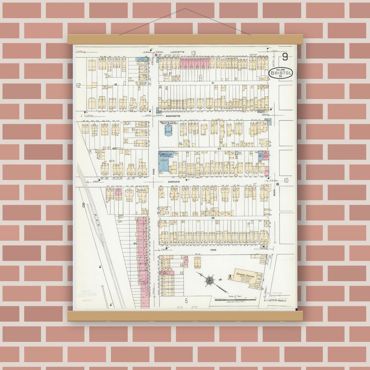 Old map wall art mockup — magnetic wood frame on brick wall — Sanborn Fire Insurance Map from Bristol, Bucks County, Pennsylvania (1927), Sheet #0009
