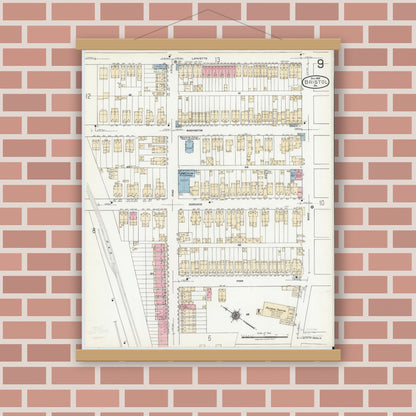 Old map wall art mockup — magnetic wood frame on brick wall — Sanborn Fire Insurance Map from Bristol, Bucks County, Pennsylvania (1927), Sheet #0009