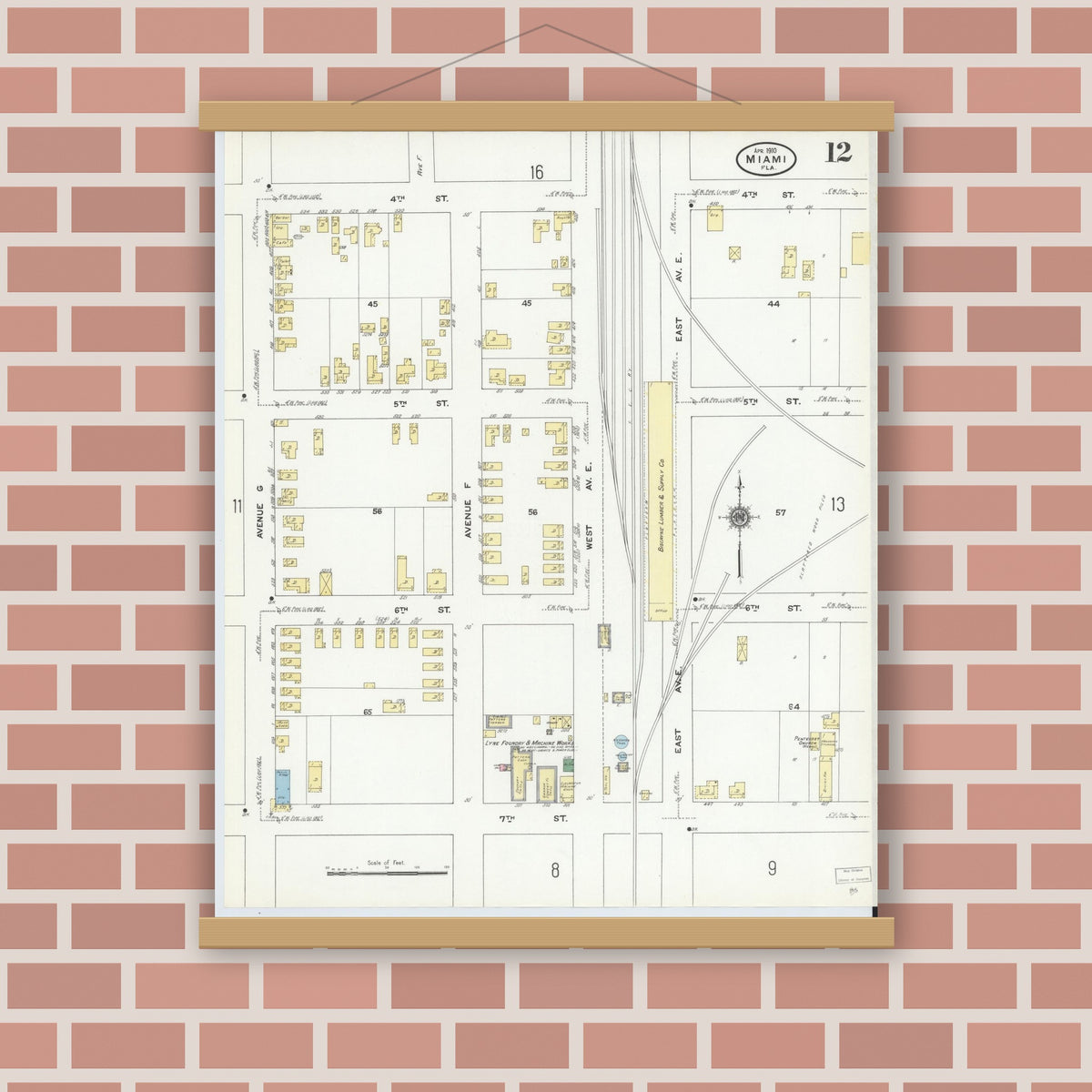 Old map wall art mockup — magnetic wood frame on brick wall — Sanborn Fire Insurance Map from Miami, Dade County, Florida (1910), Sheet #0012