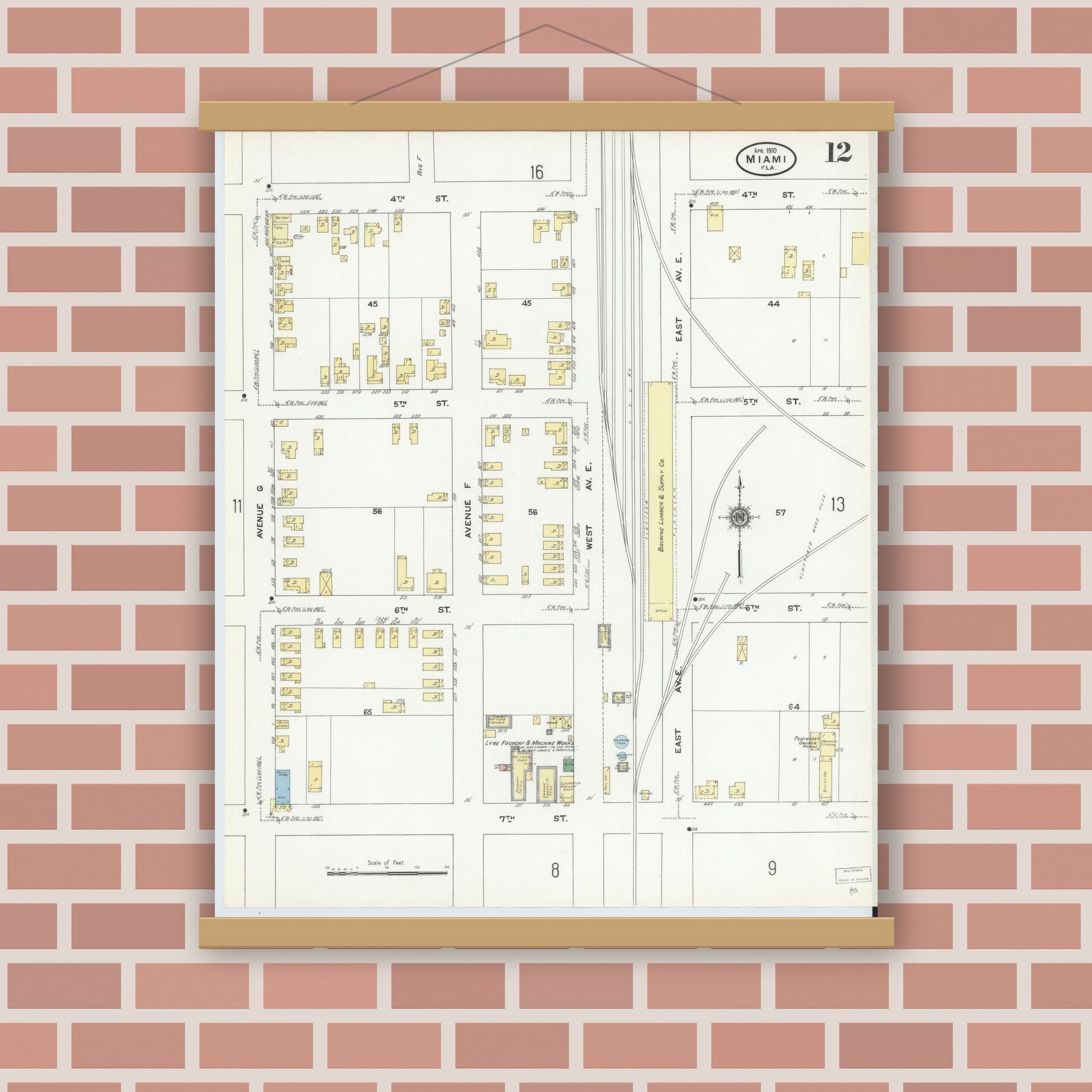 Old map wall art mockup — magnetic wood frame on brick wall — Sanborn Fire Insurance Map from Miami, Dade County, Florida (1910), Sheet #0012