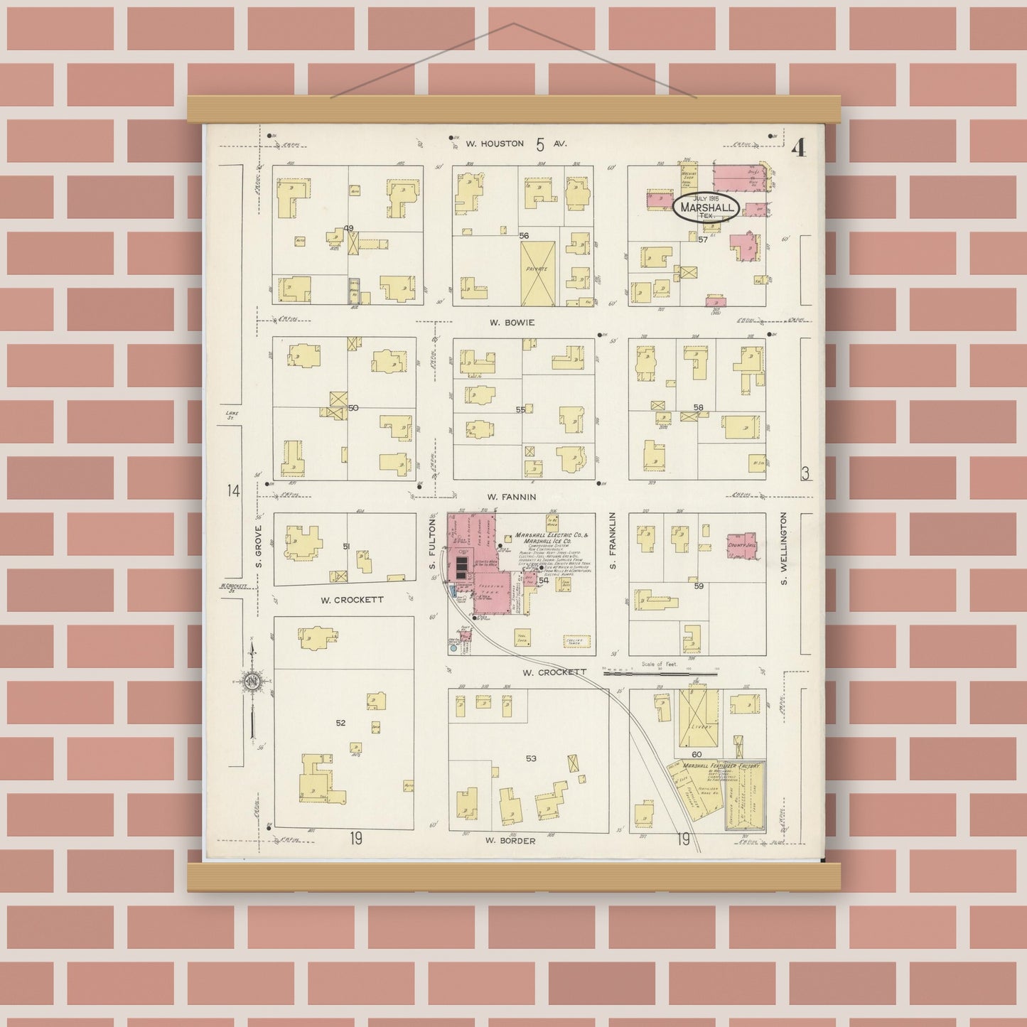 Old map wall art mockup — magnetic wood frame on brick wall — Sanborn Fire Insurance Map from Marshall, Harrison County, Texas (1915), Sheet #0004