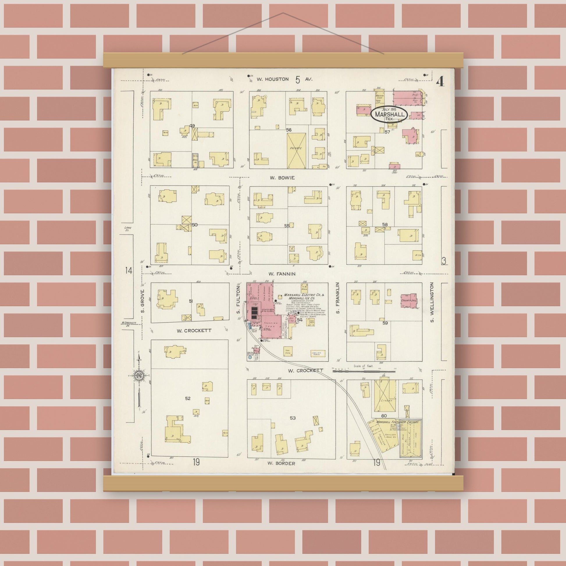 Old map wall art mockup — magnetic wood frame on brick wall — Sanborn Fire Insurance Map from Marshall, Harrison County, Texas (1915), Sheet #0004