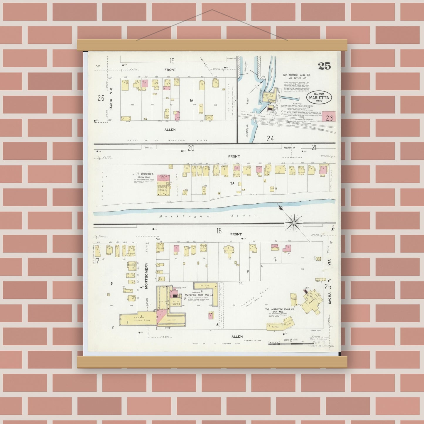 Old map wall art mockup — magnetic wood frame on brick wall — Sanborn Fire Insurance Map from Marietta, Washington County, Ohio (1907), Sheet #0025