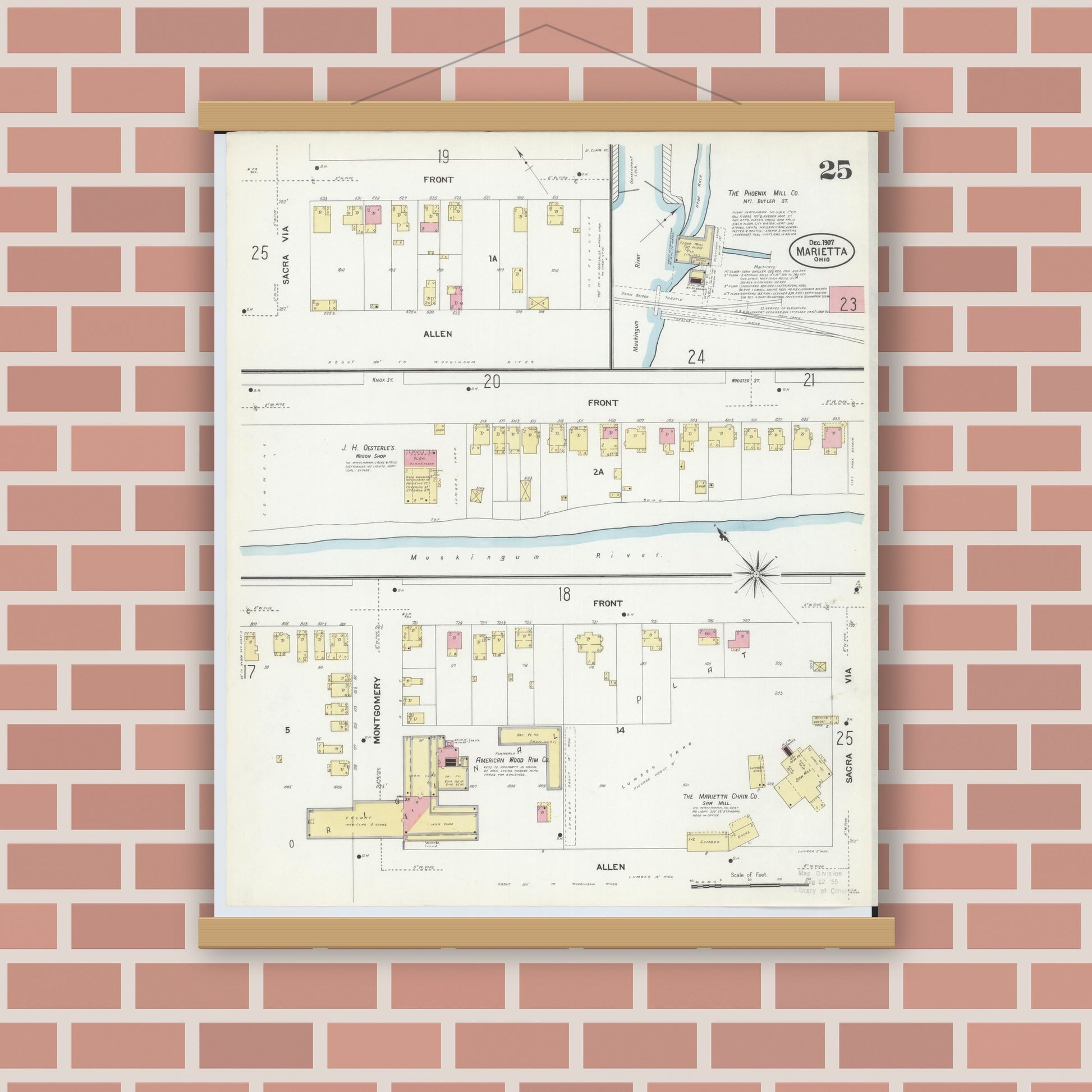 Old map wall art mockup — magnetic wood frame on brick wall — Sanborn Fire Insurance Map from Marietta, Washington County, Ohio (1907), Sheet #0025
