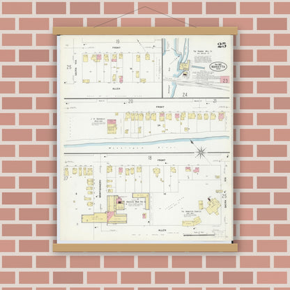 Old map wall art mockup — magnetic wood frame on brick wall — Sanborn Fire Insurance Map from Marietta, Washington County, Ohio (1907), Sheet #0025