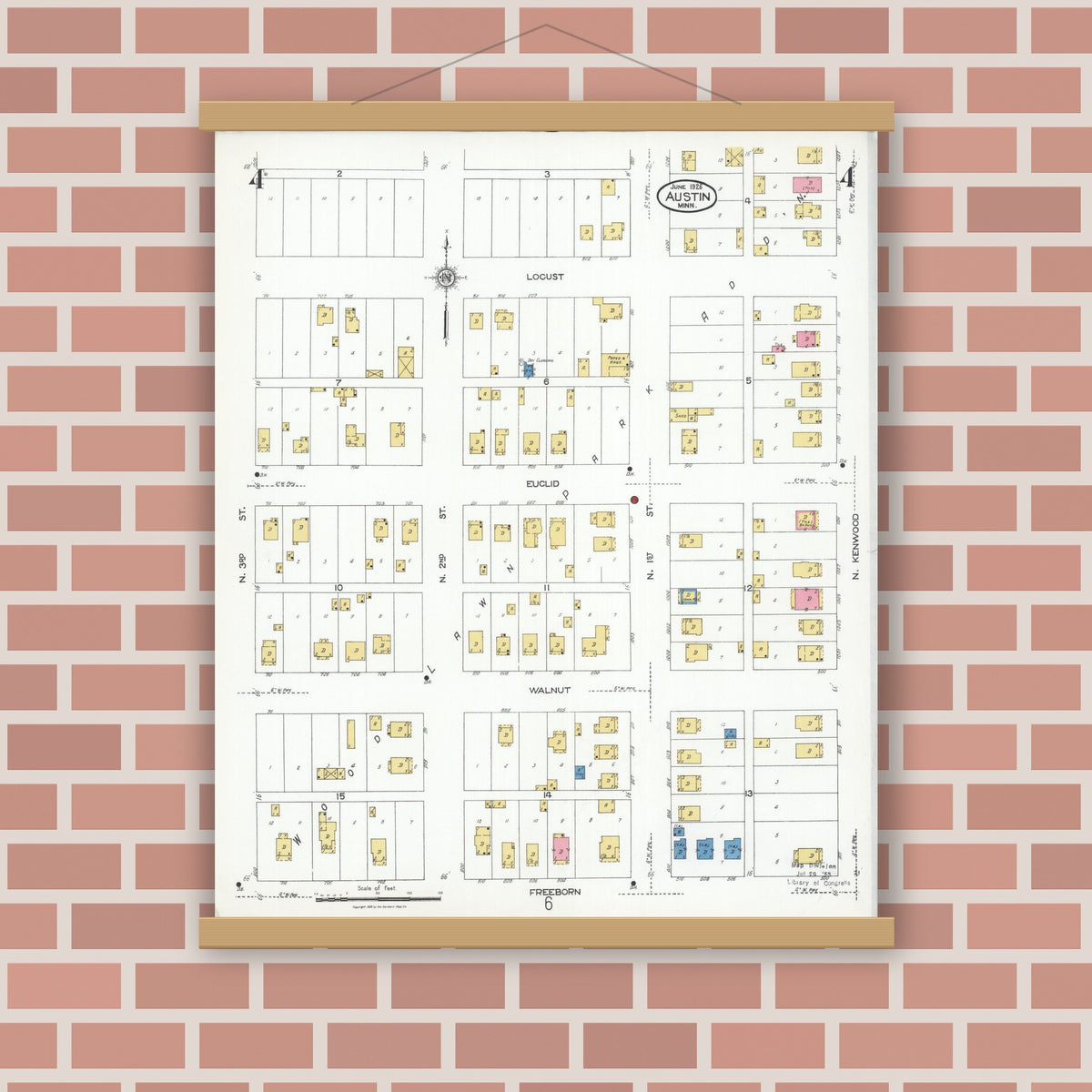 Old map wall art mockup — magnetic wood frame on brick wall — Sanborn Fire Insurance Map from Austin, Mower County, Minnesota (1926), Sheet #0004