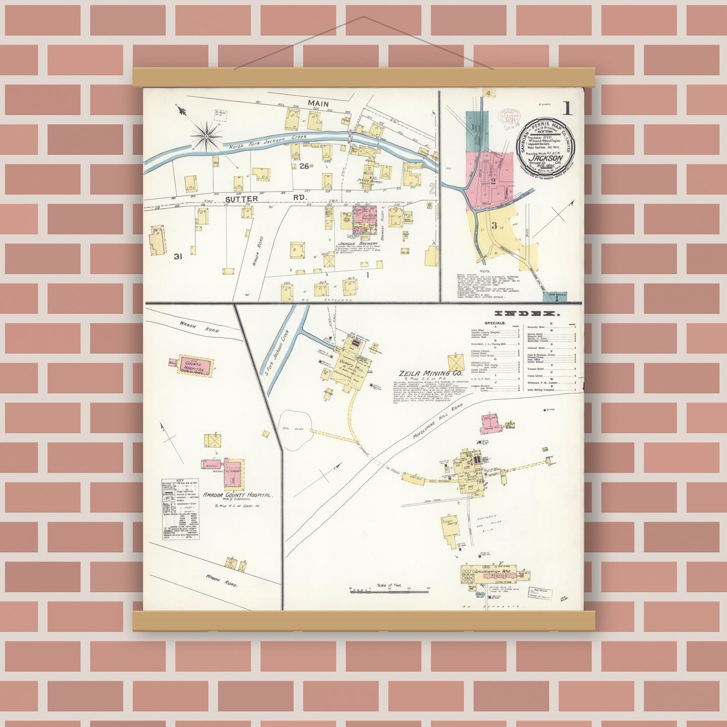 Old map wall art mockup — magnetic wood frame on brick wall — Sanborn Fire Insurance Map from Jackson, Amador County, California (1895) - Complete Map Set