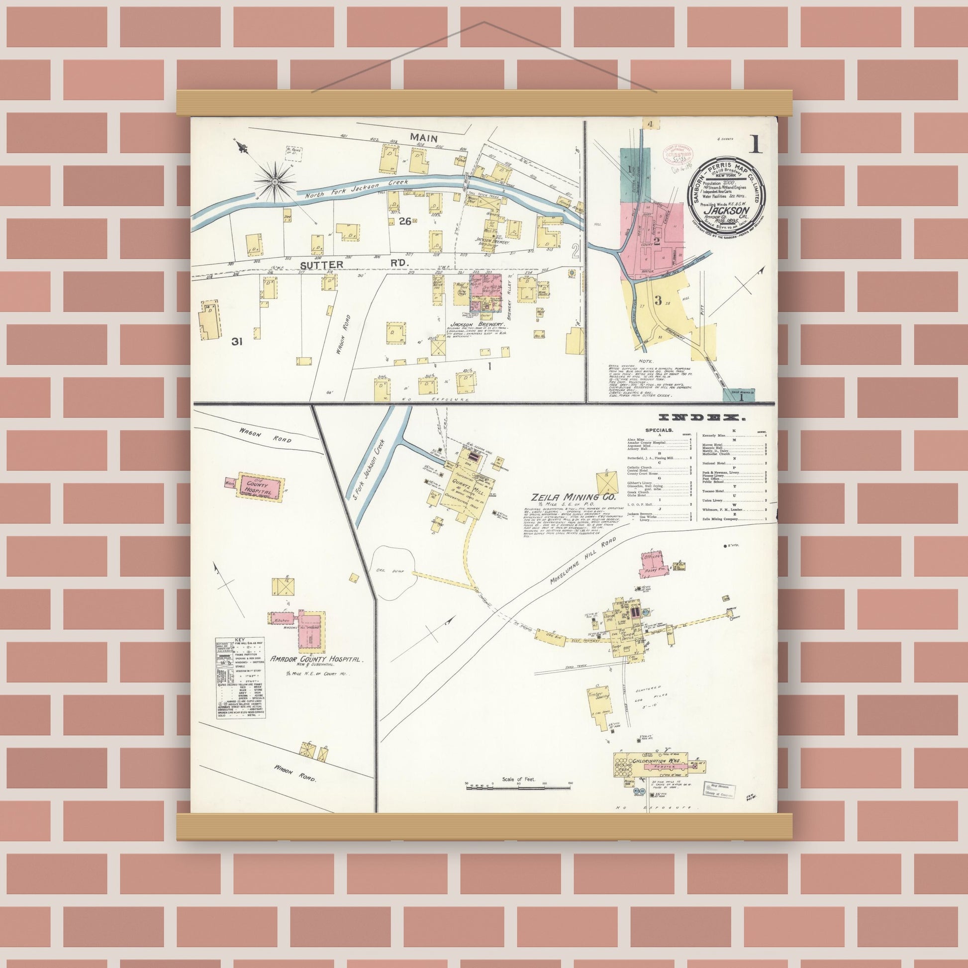 Old map wall art mockup — magnetic wood frame on brick wall — Sanborn Fire Insurance Map from Jackson, Amador County, California (1895) - Complete Map Set