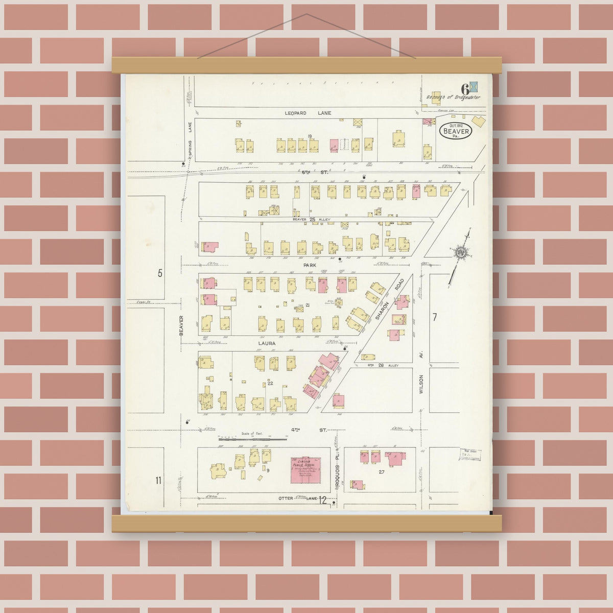 Old map wall art mockup — magnetic wood frame on brick wall — Sanborn Fire Insurance Map from Beaver, Beaver County, Pennsylvania (1912), Sheet #0006